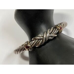 Samuel Benham BJC Sterling Silver 14k Gold Garnet Twisted Cable Cuff Bracelet